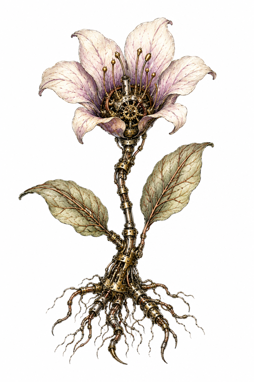 Botanical illustration of a plant with mechanical elements — gears in the flower, circuit traces on a leaf
