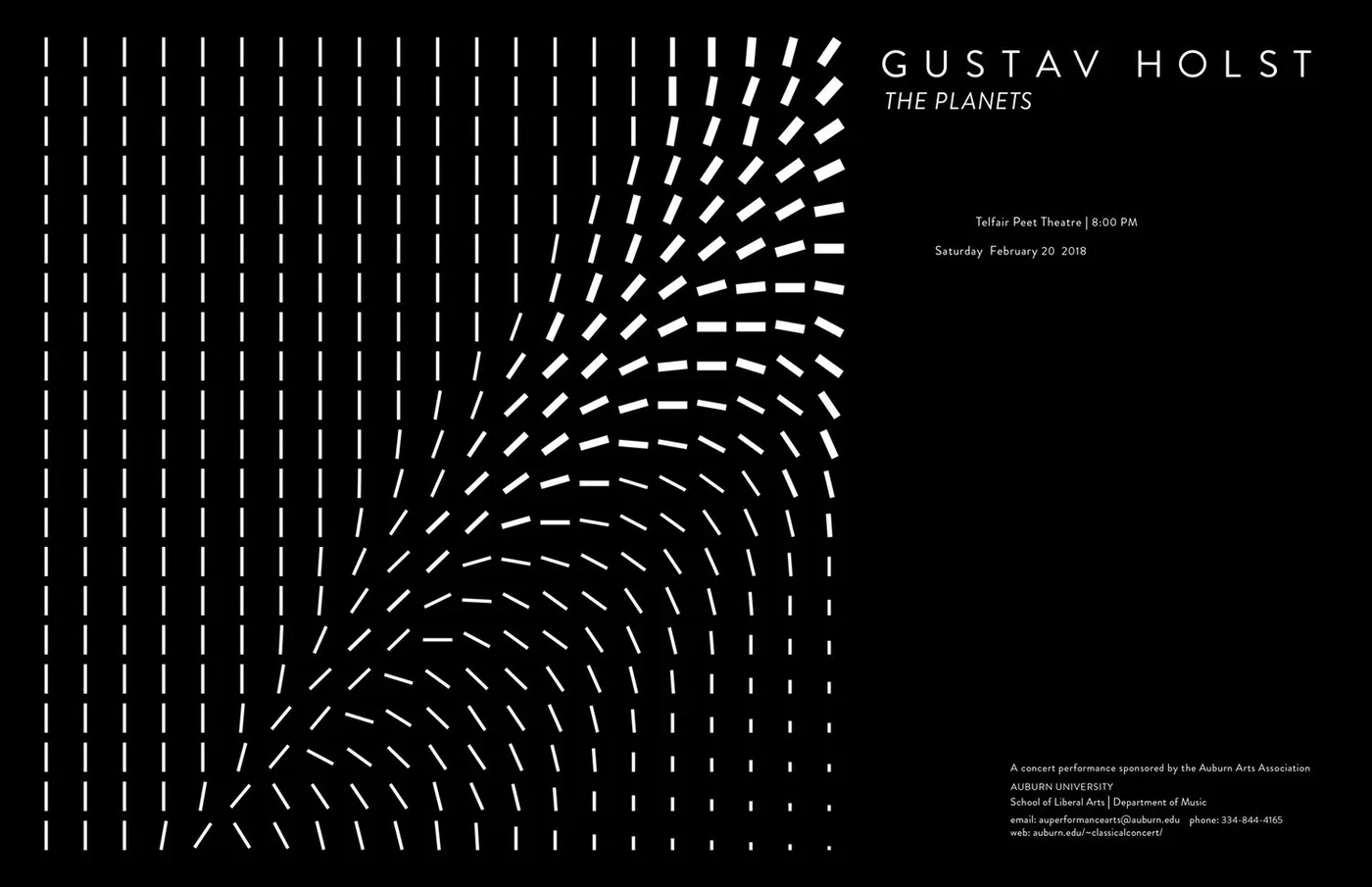 A poster for Gustav Holst's The Planets: classical serif typography beside a dense field of small directional vector arrows.