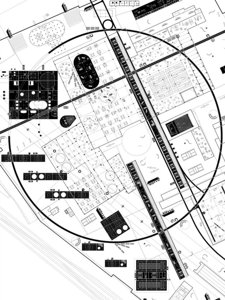 A black-and-white architectural site drawing with a large circle overlay, black massing shapes, and technical annotations.