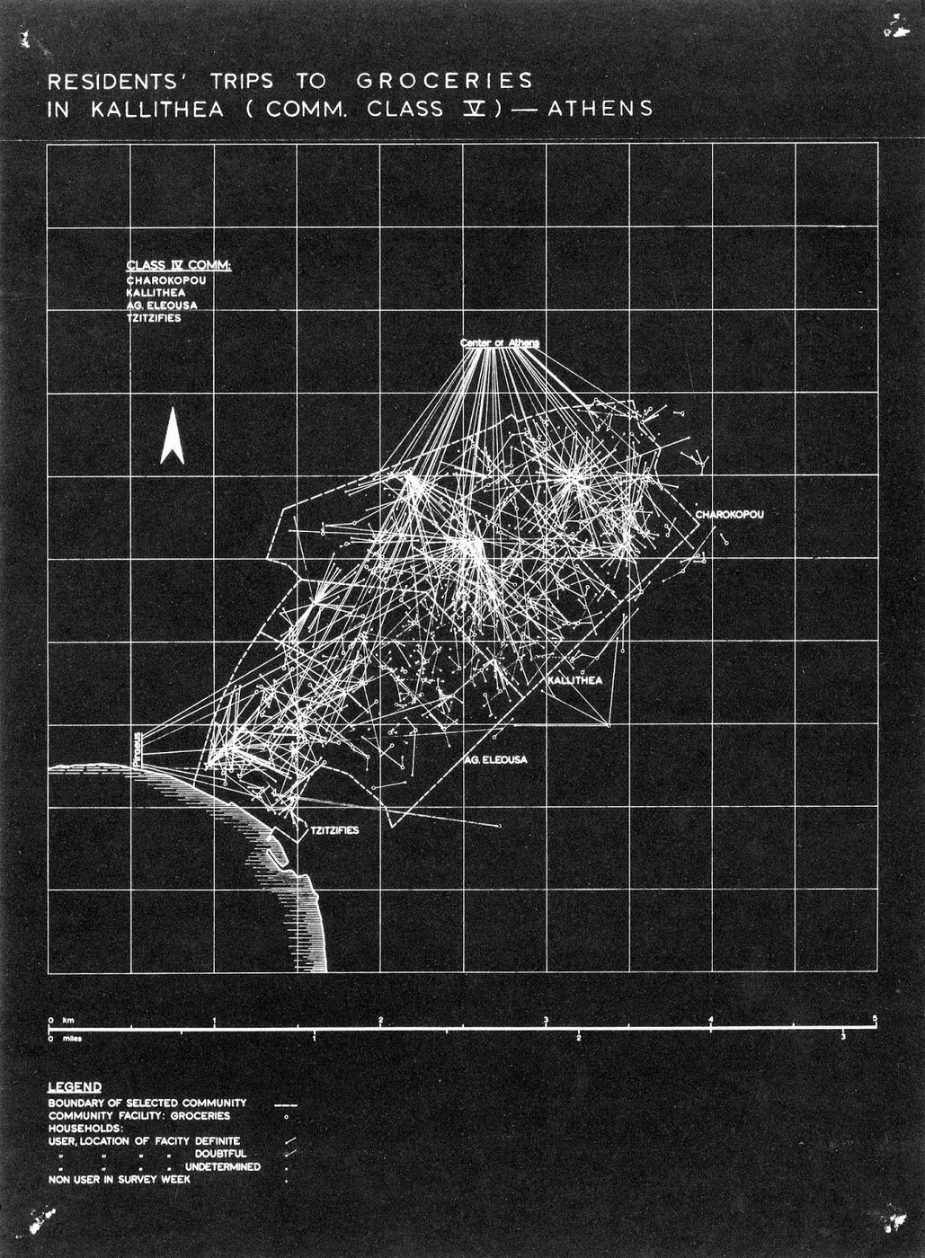 A statistical drawing on paper stock, titled about residents' trips to groceries in Kallithea, Athens, with a human figure in particle mesh over a grid.