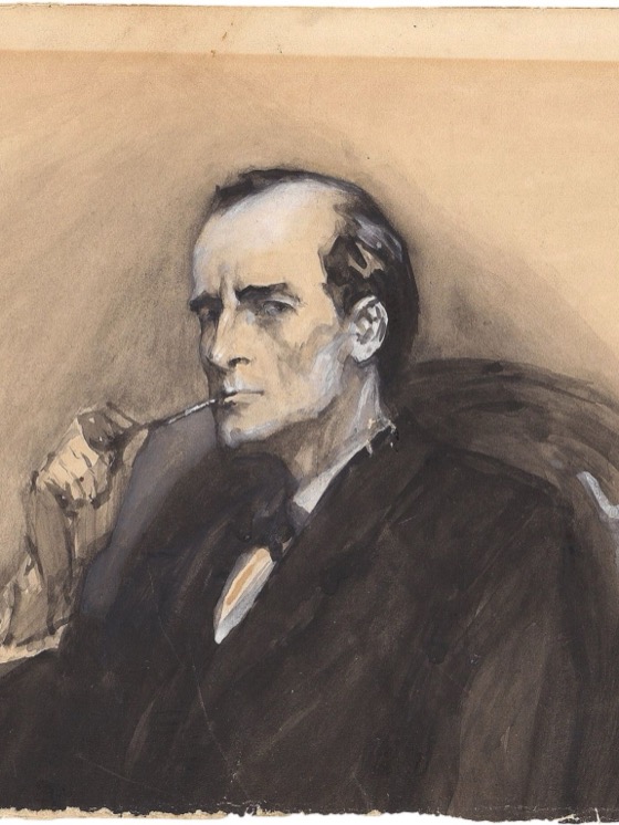A pencil-and-wash portrait of Sherlock Holmes in profile, smoking a straight pipe.