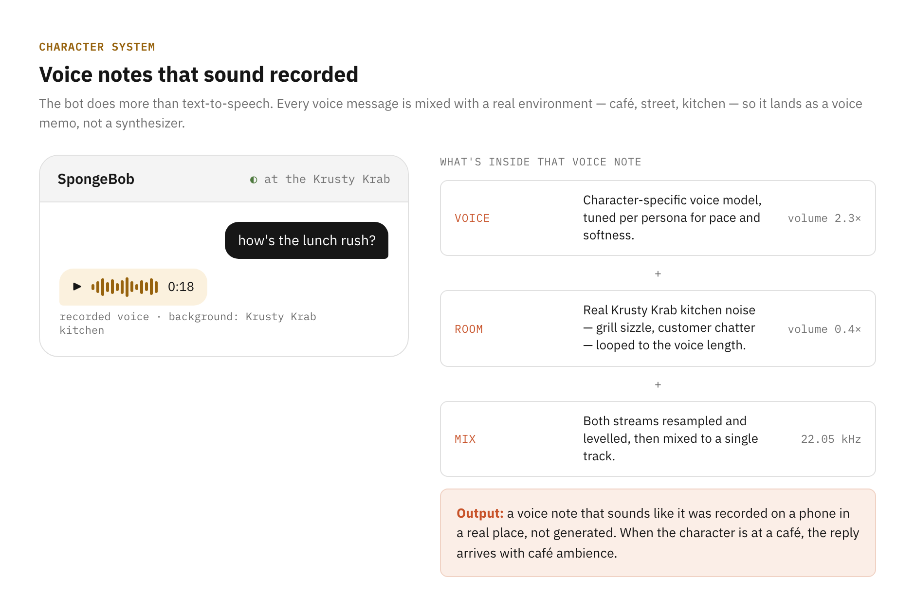 A phone showing a voice-note bubble with the subtitle 'recorded voice, background: kitchen', beside three stacked rows — Voice, Room, Mix — showing the audio ingredients combined into one voice memo.